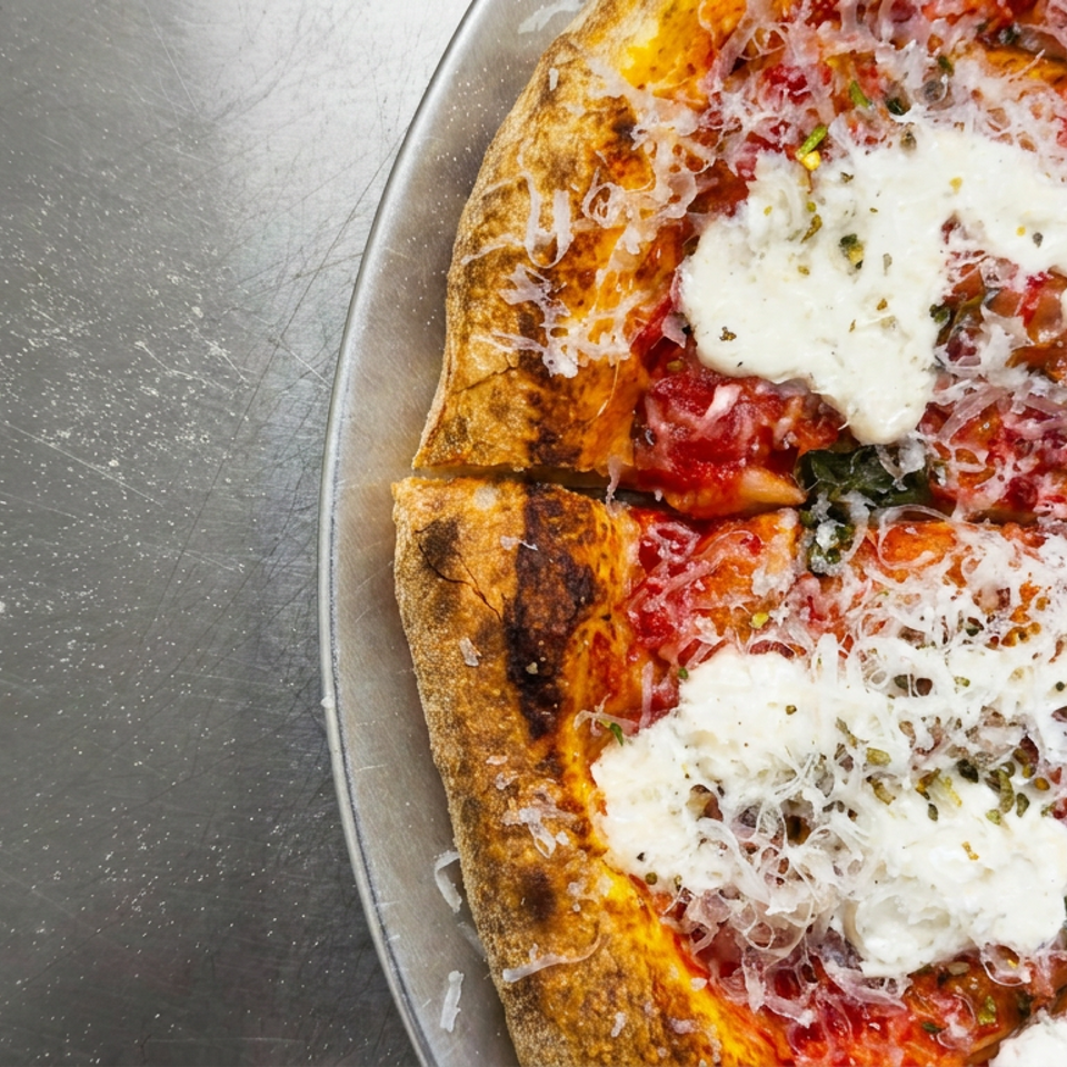 Close-up of a wood-fired pizza topped with tomato sauce, melted cheese, fresh herbs, and dollops of creamy cheese on a metal tray.