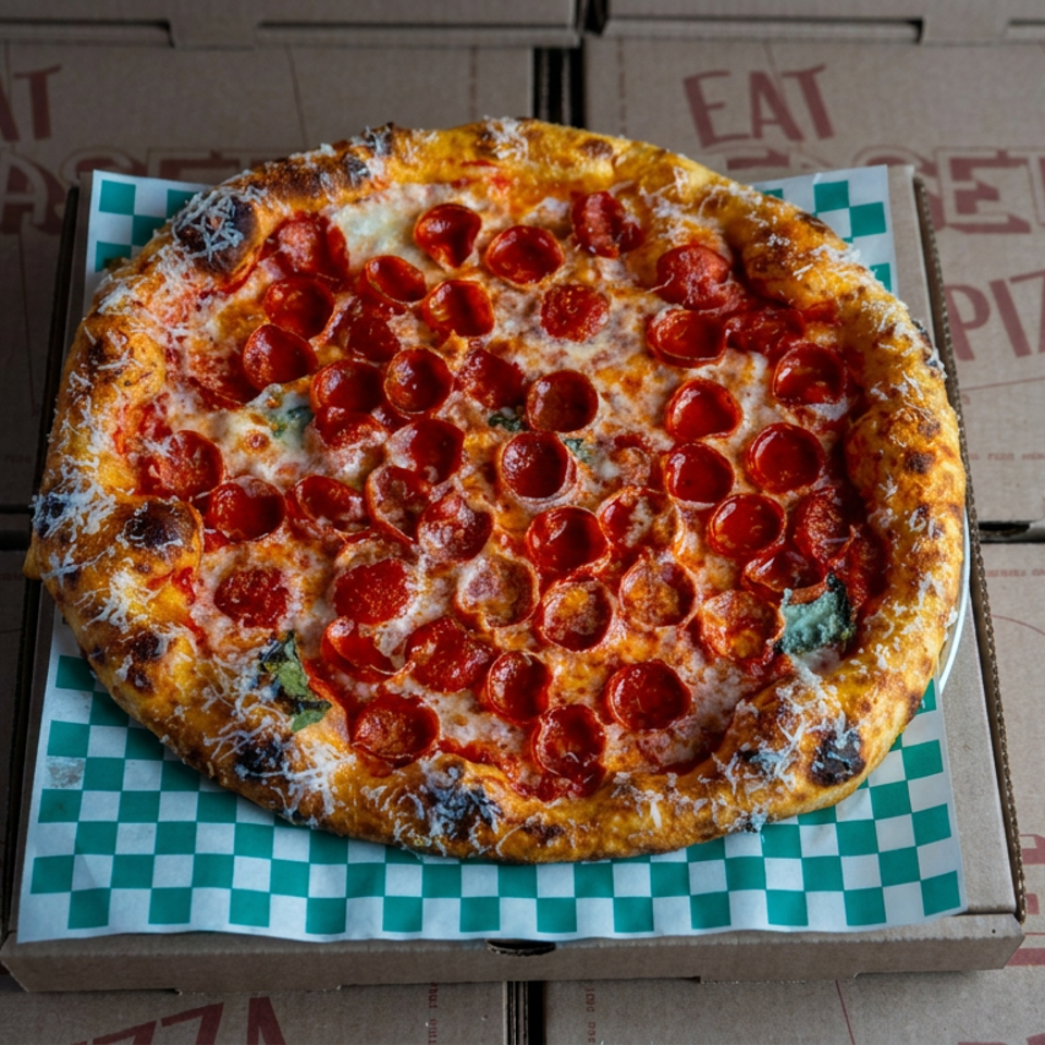 Pepperoni pizza with melted cheese on green-and-white checkered paper atop branded pizza boxes.