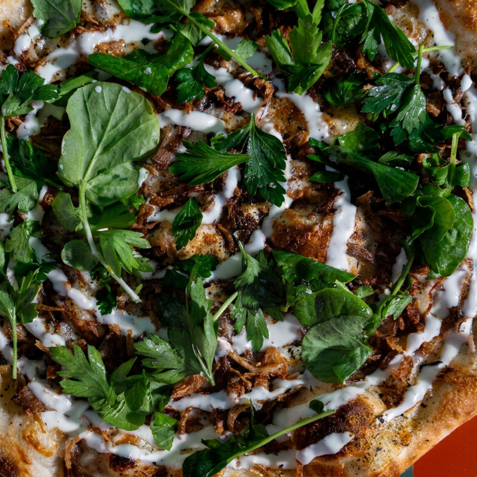 Overhead view of a flatbread pizza topped with browned meat, white sauce, crispy onions, and fresh green herbs.