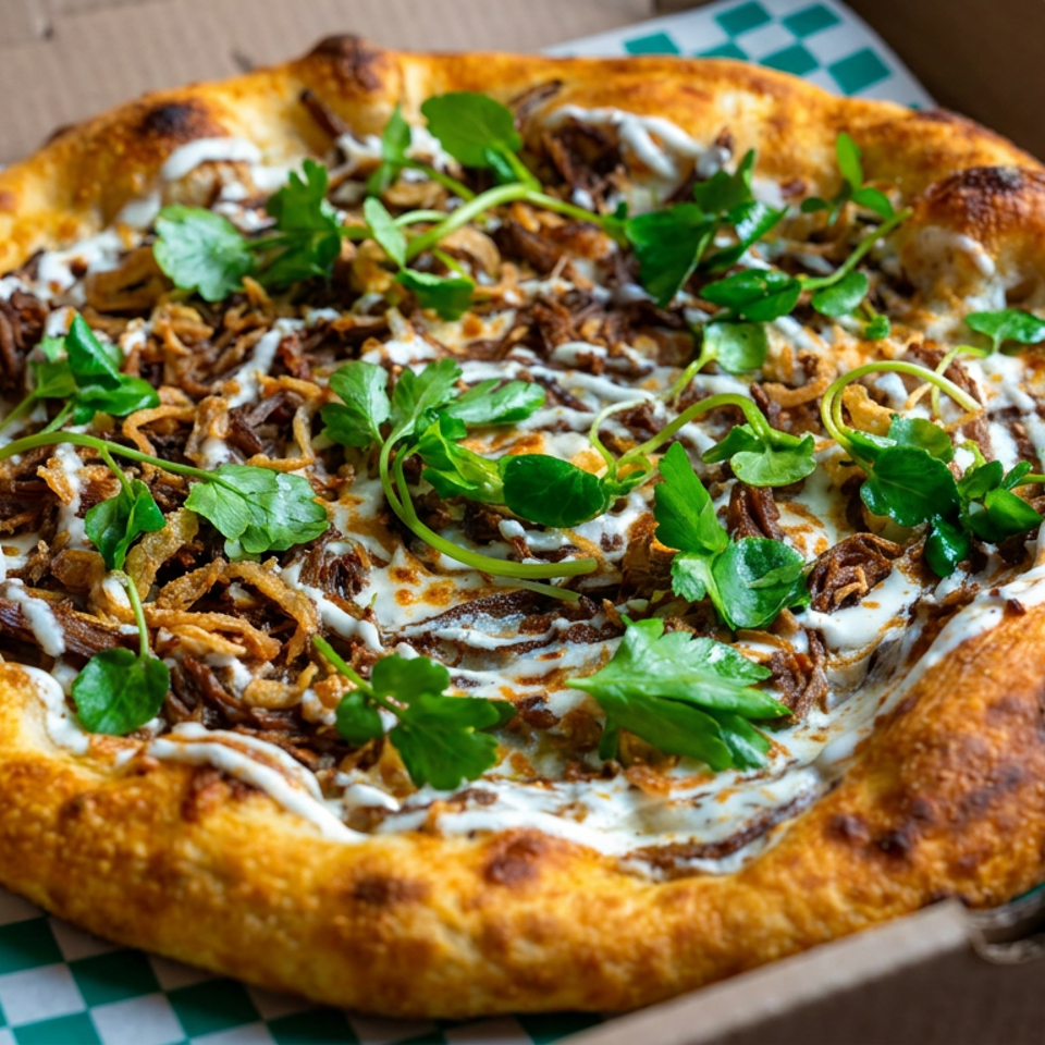 Round wood-fired pizza topped with shredded meat, creamy sauce, crispy onions, and fresh green herbs in a cardboard box.
